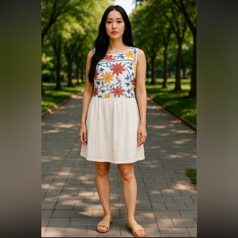 AGB NWT White Gauze Summer Sleeveless Dress Floral Embroidery Women’s Sz10